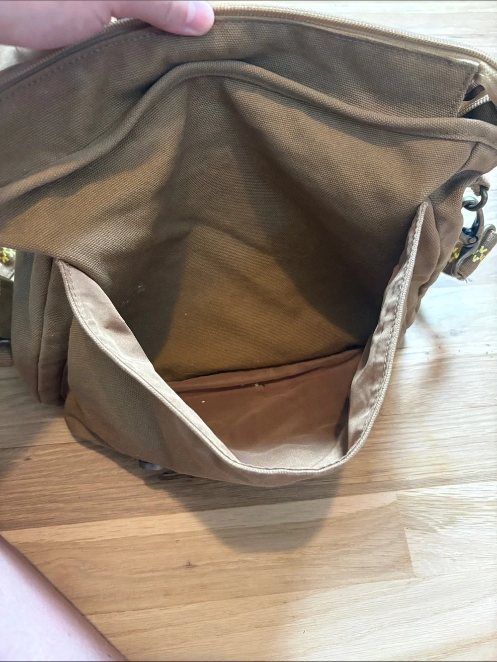 American Girl Brown Canvas Crossbody with Pink Patterned Straps